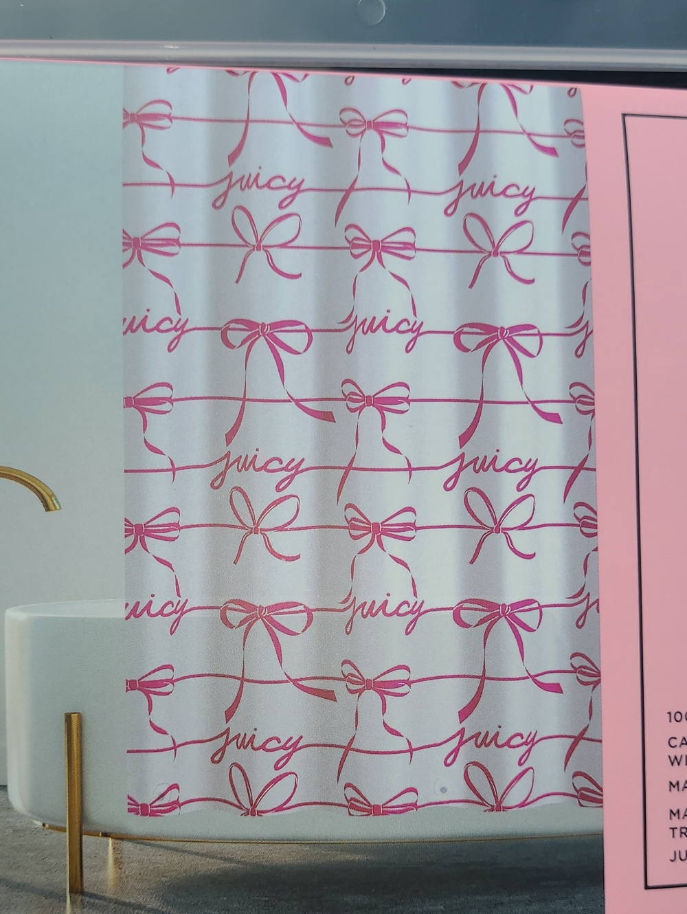 Juicy Couture White Shower Curtain with Pink Bow & Script Pattern